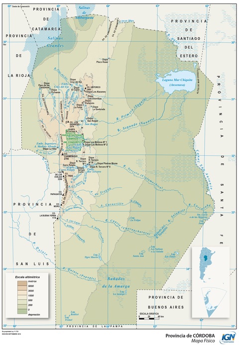 Mapa físico de la Provincia de Córdoba, Argentina