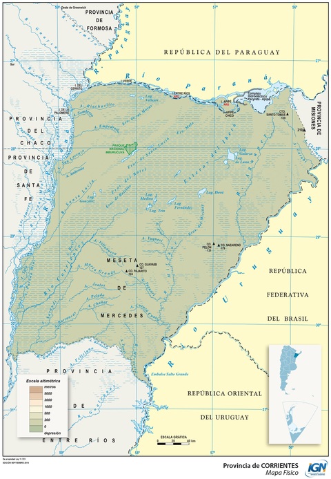 Physical map of the Province of Corrientes, Argentina 