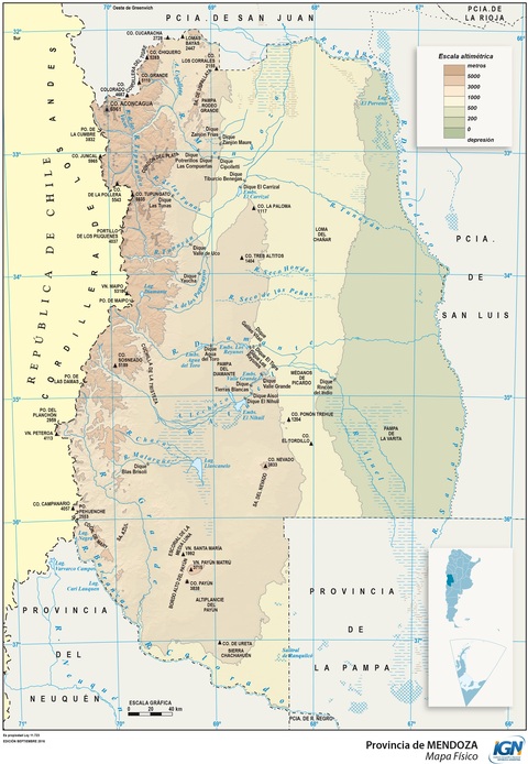 Mapa físico de la Provincia de Mendoza, Argentina