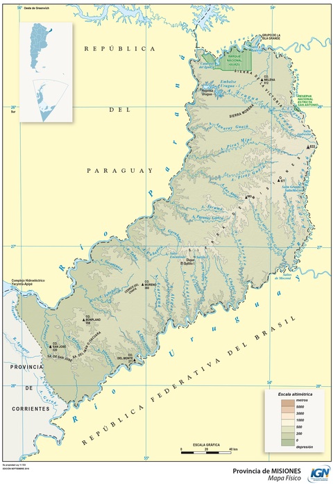 Physical map of the Province of Misiones, Argentina 