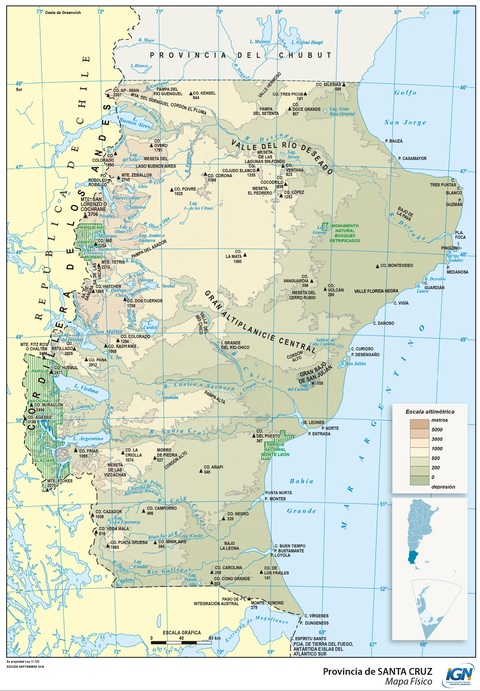 Physical map of the Province of Santa Cruz, Argentina