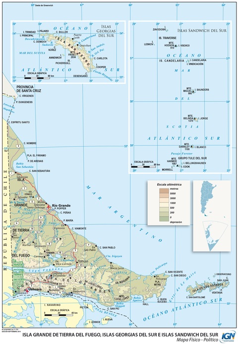 Mapa físico de la Provincia de Tierra del Fuego, Argentina