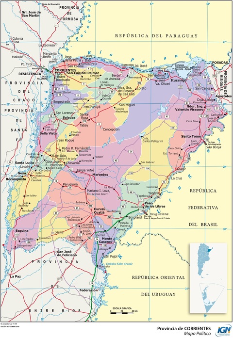 Map of the province of Corrientes and its departments