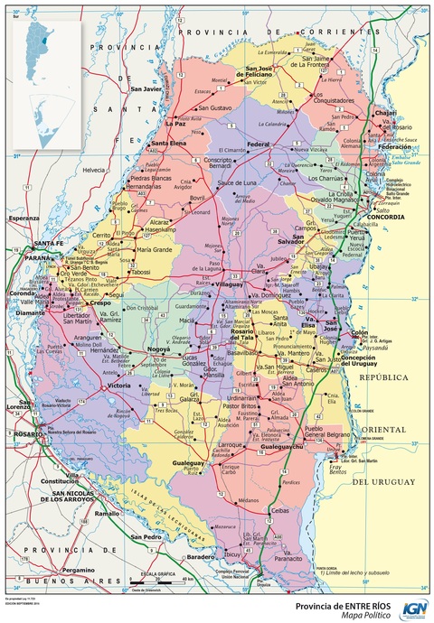 Mapa de la provincia de Entre Ríos y sus departamentos