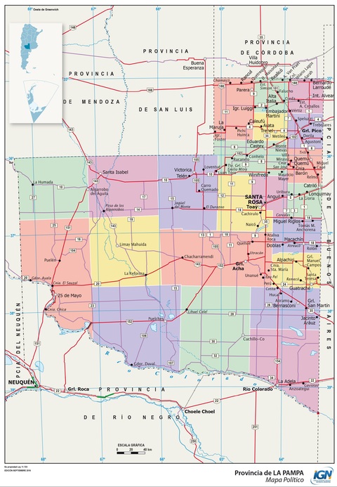 Map of the province of La Pampa and its departments