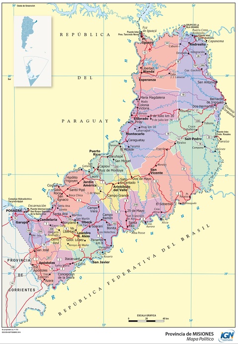 Map of the province of Misiones and its departments