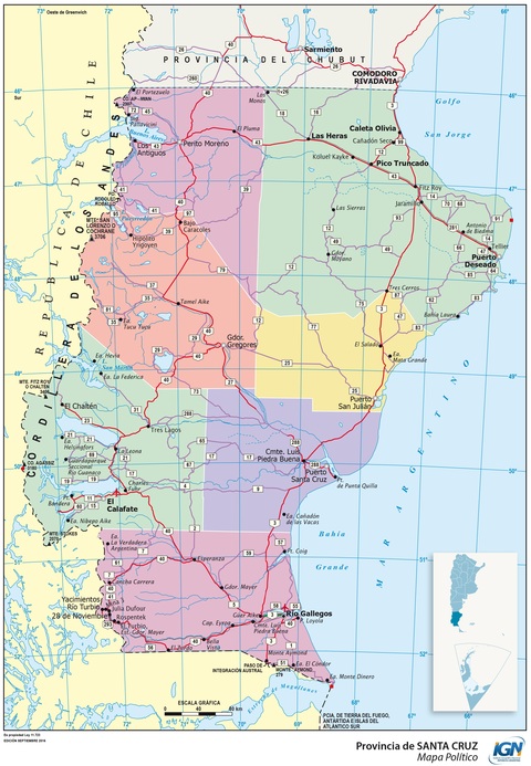 Map of the province of Santa Cruz and its departments