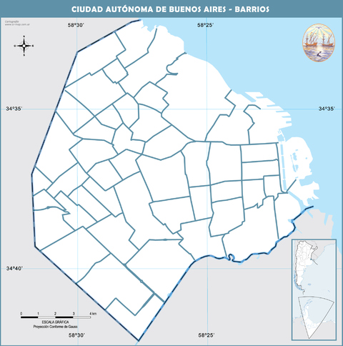 Buenos Aires black and white outline map - neighborhoods