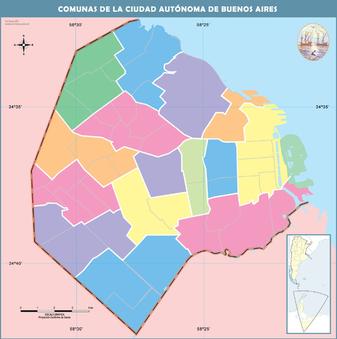 Color outline map of Buenos Aires by communes
