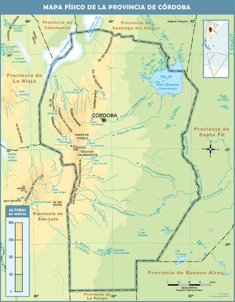 Mapa físico de la Provincia de Córdoba, Argentina