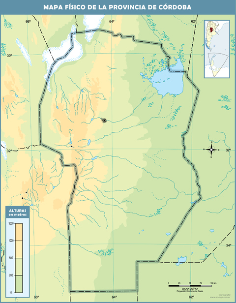 Mapa físico mudo de la Provincia de Córdoba, Argentina