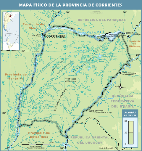 Physical map of the Province of Corrientes, Argentina