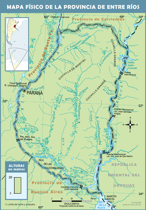 Mapa físico de la Provincia de Entre Ríos, Argentina