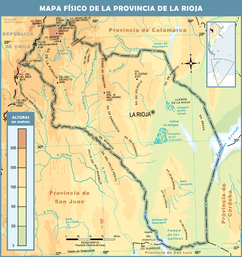 Physical map of the Province of La Rioja, Argentina