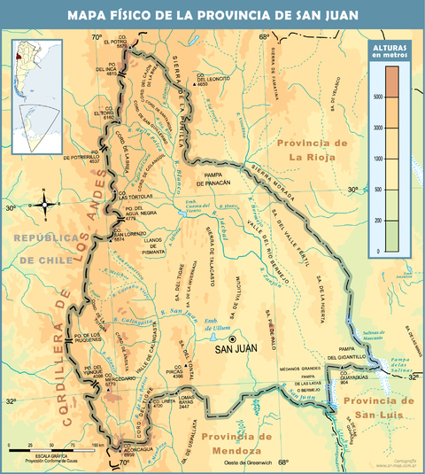 Physical map of the Province of San Juan, Argentina