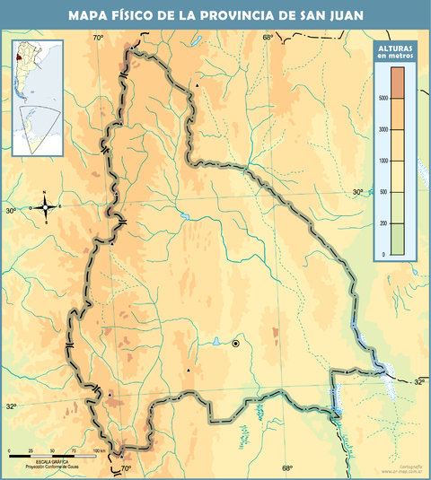 Mapa físico mudo de la Provincia de San Juan, Argentina