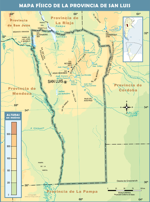 Physical map of the Province of San Luis, Argentina