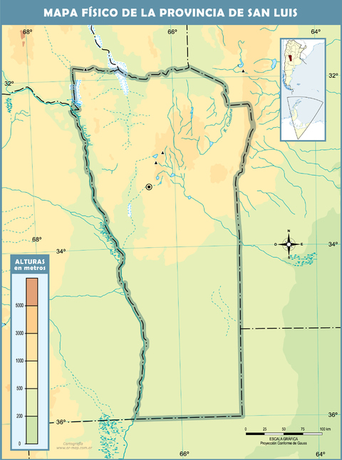 Mapa físico mudo de la Provincia de San Luis, Argentina