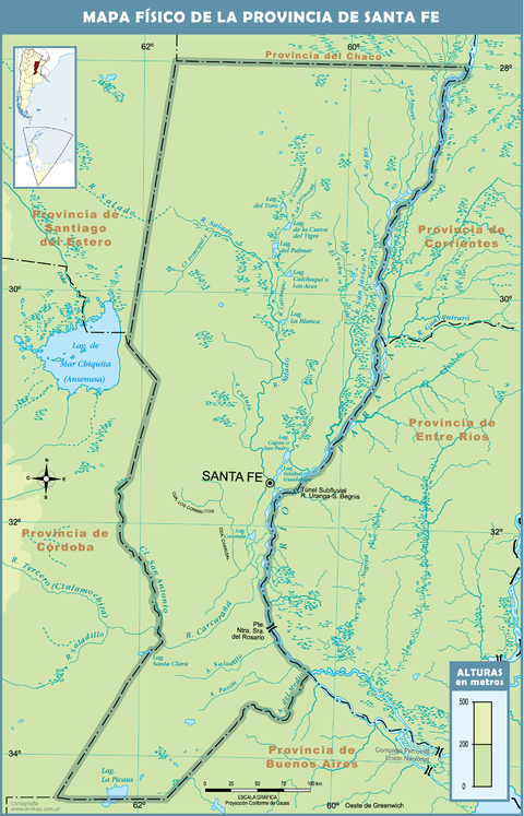 Mapa físico de la Provincia de Santa Fe, Argentina