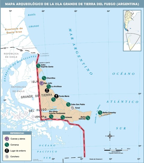 Archaeological map of the argentinian side of the Isla Grande de Tierra del Fuego