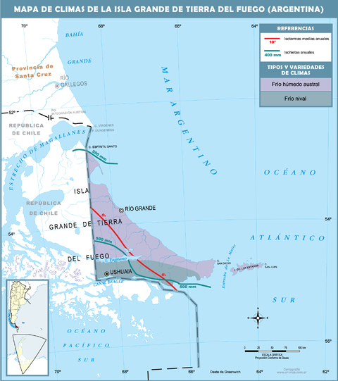Climatic map of the argentinian side of the Isla Grande de Tierra del Fuego
