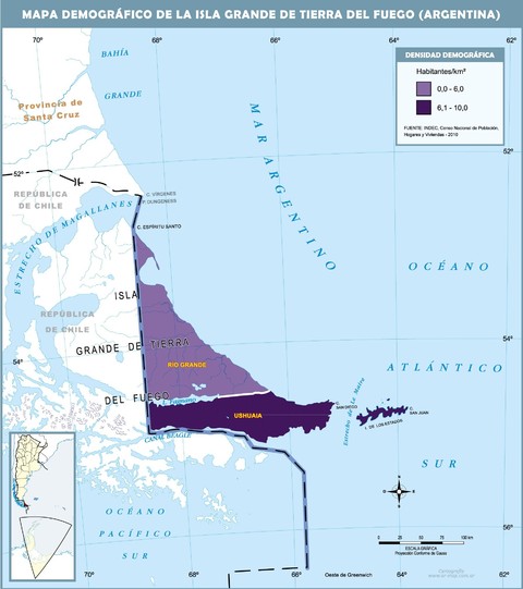 Demographic map of the argentinian side of the Isla Grande de Tierra del Fuego