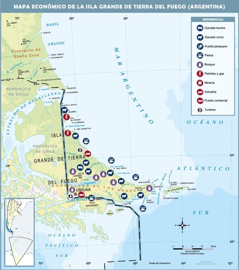 Economic map of the argentinian side of the Isla Grande de Tierra del Fuego