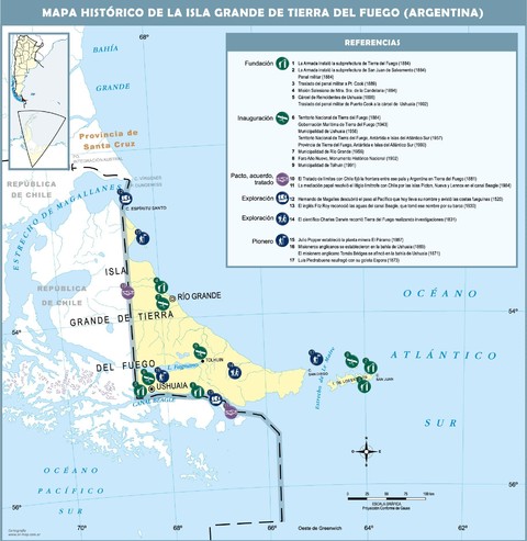 Mapa histórico del lado argentino de la isla Grande de Tierra del Fuego