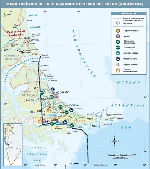 Tourist map of the argentinian side of the Isla Grande de Tierra del Fuego