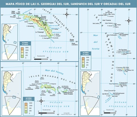 Mapa físico de las islas Georgias del Sur, Sandwich del Sur, Orcadas del Sur