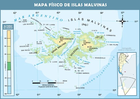 Physical map of the Falkland Islands