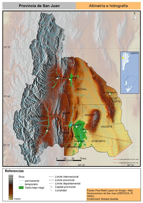 Mapa altimétrico y hidrográfico de la provincia de San Juan, Argentina