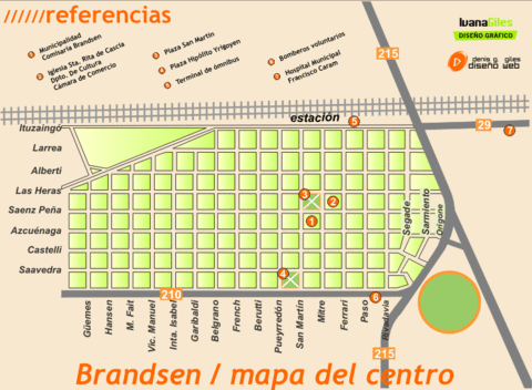 Street map of the center of Brandsen, province of Buenos Aires, Argentina