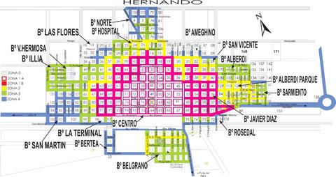 Mapa de Hernando, con barrios, calles y zonas