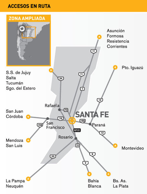 Mapa de acceso vial a la ciudad de Santa Fe, Argentina