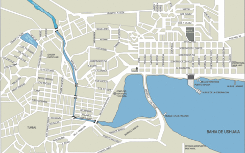 City map of Ushuaia, Tierra del Fuego, Argentina