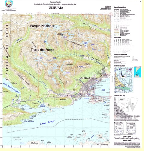 Mapa topográfico de la region de Ushuaia, Tierra del Fuego, Argentina