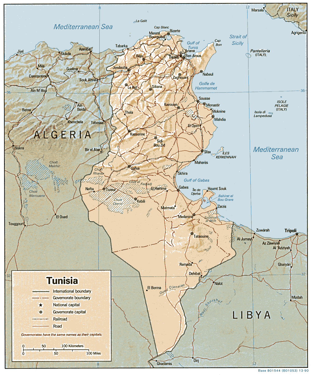 Tunisia Shaded Relief Map