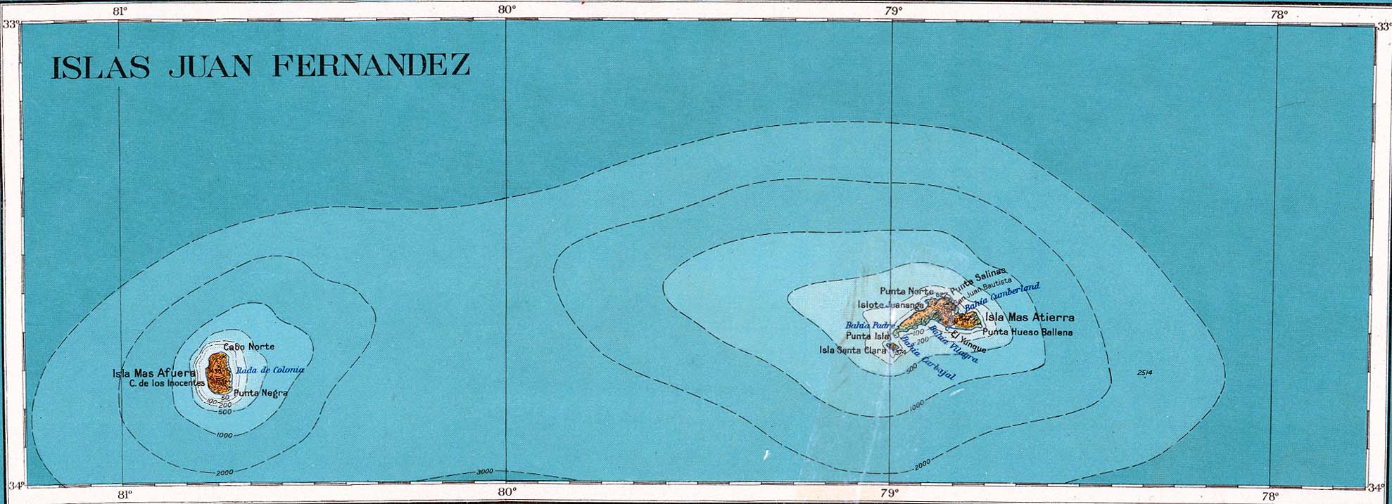 Juan Fernandez Islands Topographic Map, Chile 1927