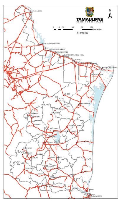 Carte de l'État de Tamaulipas (Carte Routière), Mexique