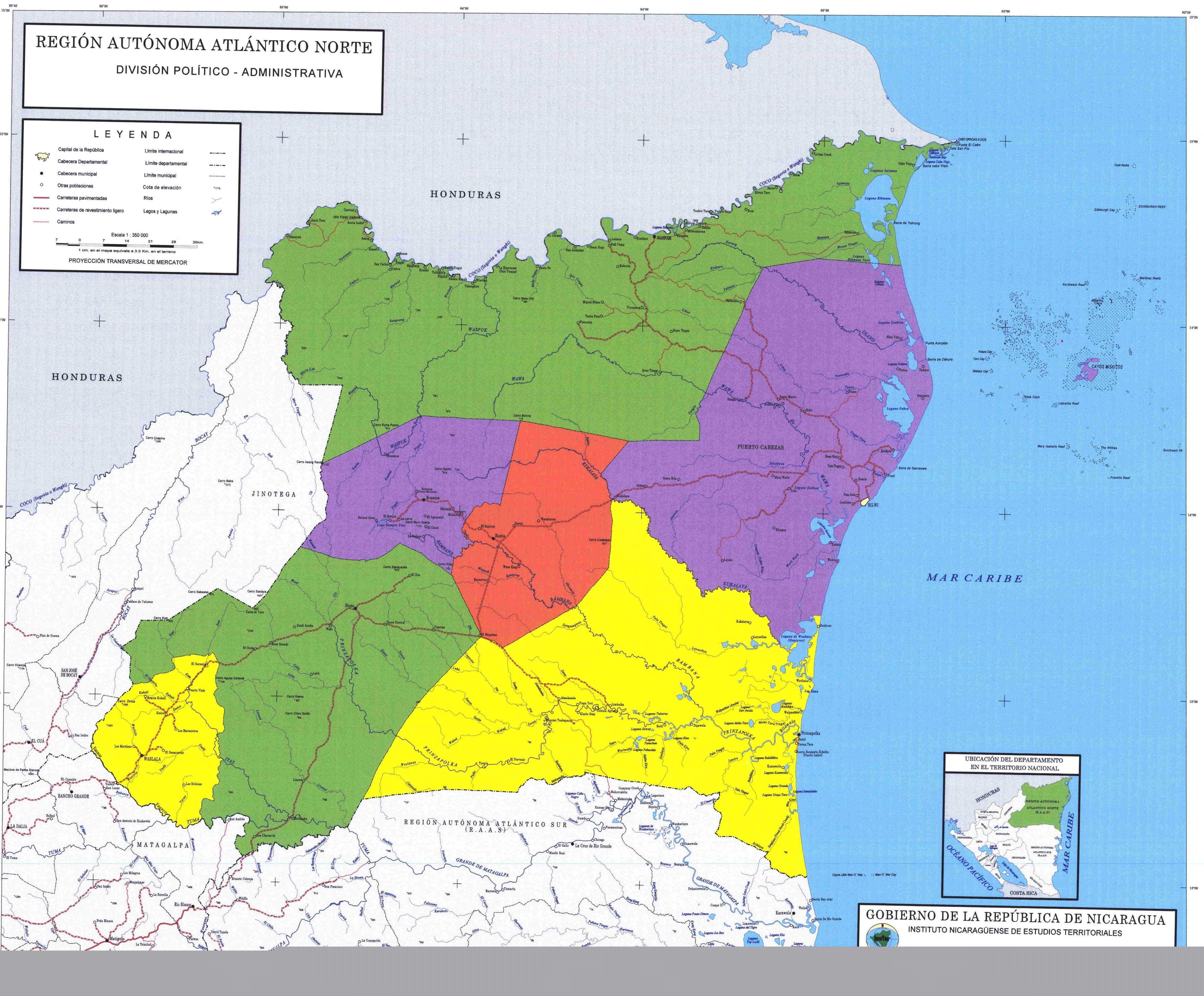 Región Autónoma del Atlántico Norte Administrative Political Map, Nicaragua