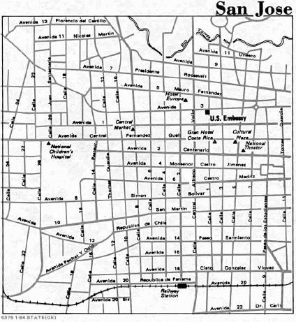 Downtown San JoseŽs Map, Costa Rica