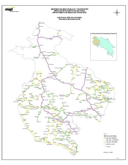 Guanacaste Province Road Network Map, Costa Rica