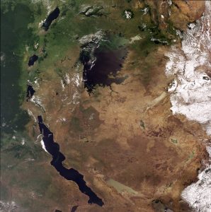 Vista satelital de la región de los Grandes Lagos de África.