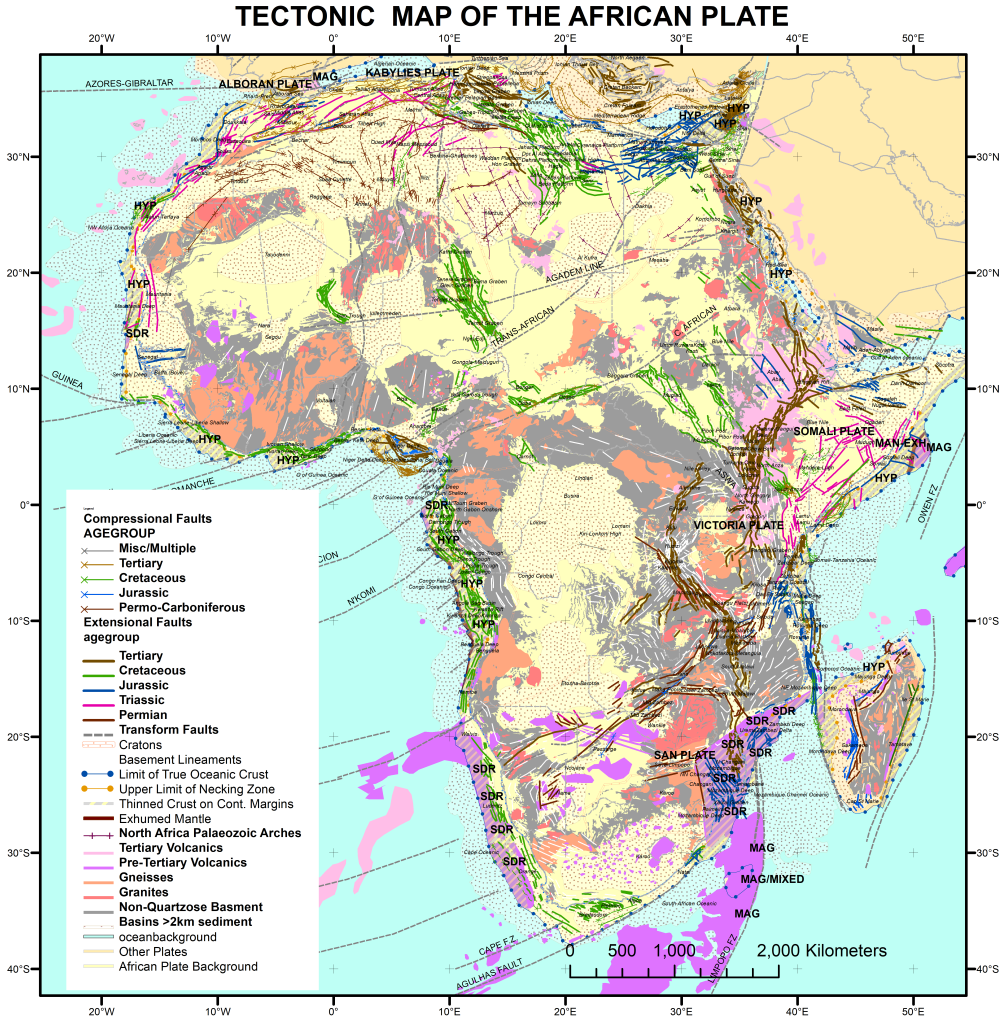 Mapa tectónico de la placa africana.