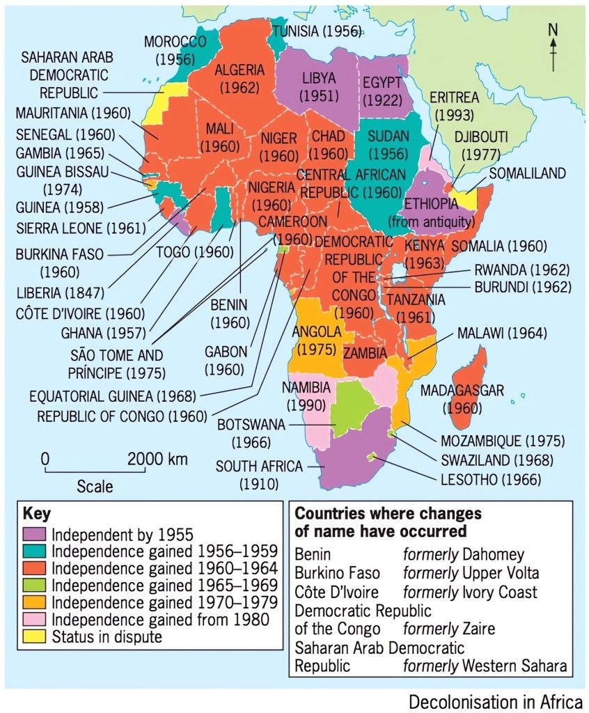 Mapa de la descolonización de África.