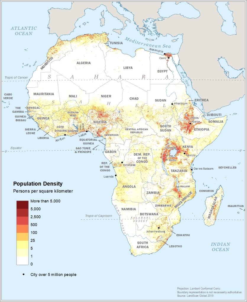 Mapa de densidad de población de África en 2019.
