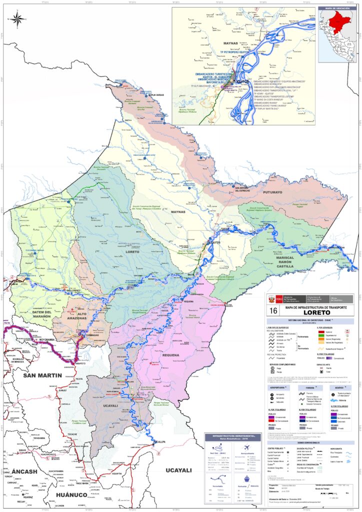Mapa de las principales ciudades del departamento de Loreto.