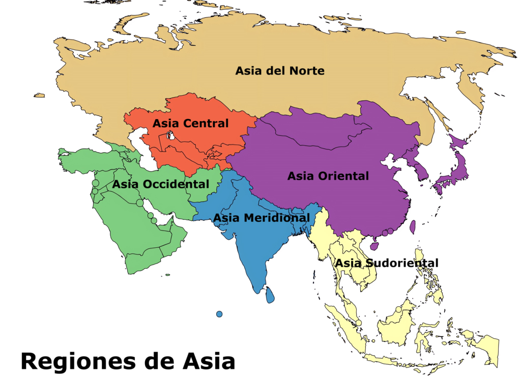 Mapa de las regiones de Asia.