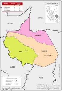 Mapa de la división política administrativa del departamento de Madre de Dios.